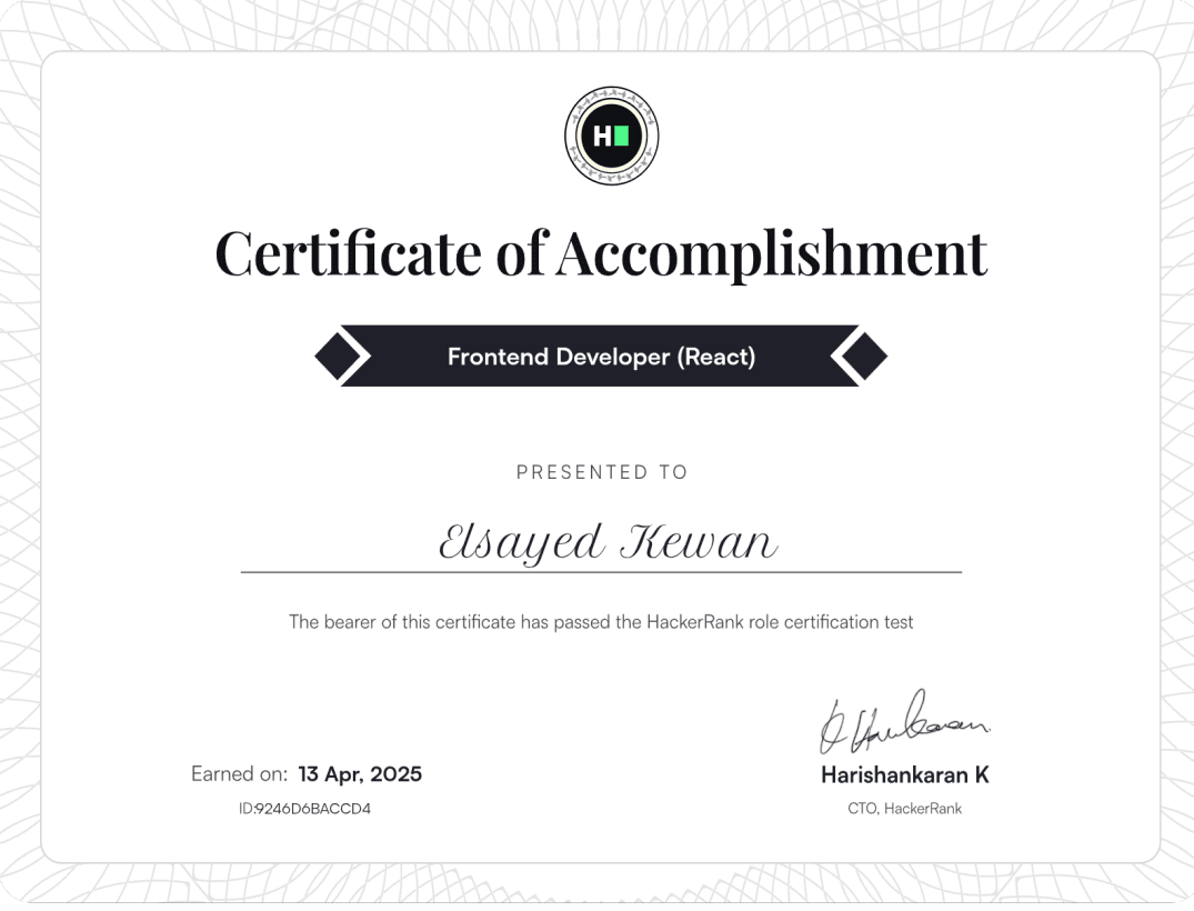 HackerRank Frontend Developer (React) certificate awarded to Elsayed Kewan