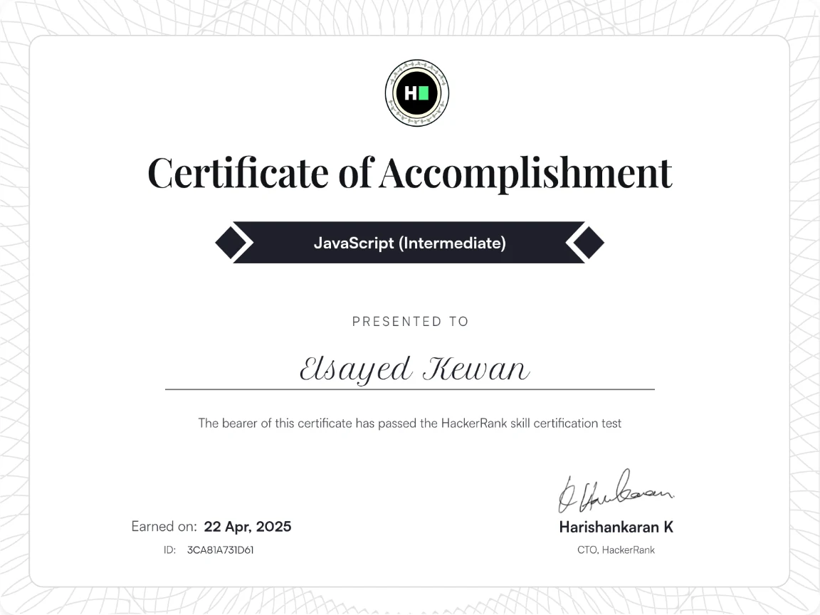 HackerRank JavaScript (Intermediate) certificate awarded to Elsayed Kewan