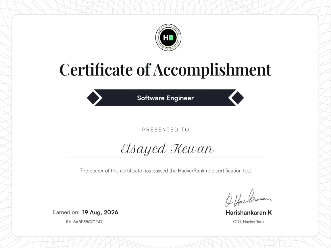HackerRank Software Engineer certificate awarded to Elsayed Kewan