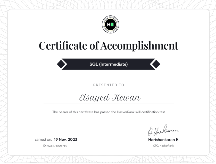 HackerRank SQL (Intermediate) certificate awarded to Elsayed Kewan